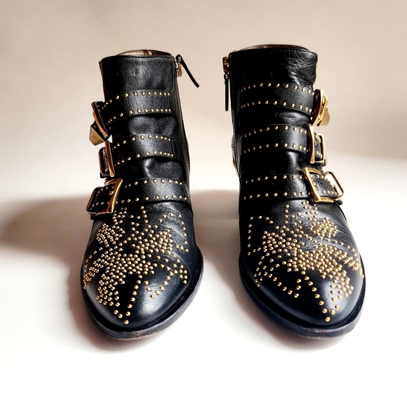 Chloé Women's Black Leather Susanna Pointed-Toe Studded Booties Boots Size 37 - Picture 5 of 16